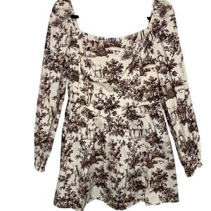 Francesca's Toile Dress Women Medium Brown Cream NWT Horse Print Basque Waist
